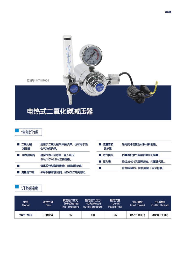 电热式二氧化碳减压器,华青,YQT-731L