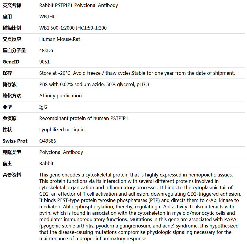 PSTPIP1 Antibody,索莱宝,K005446P-50ul