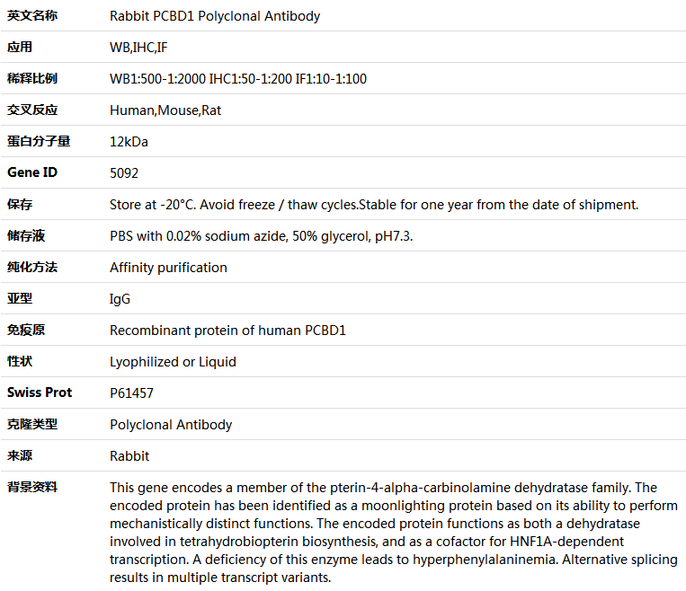 PCBD1 Antibody,索莱宝,K004487P-50ul