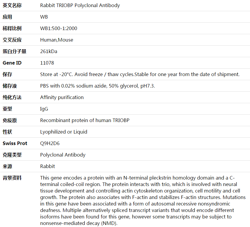 TRIOBP Antibody,索莱宝,K003812P-100ul